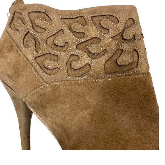 Rebecca Taylor suede ankle booties tan leather high heel, laser cut leopard cuff - Picture 2 of 10